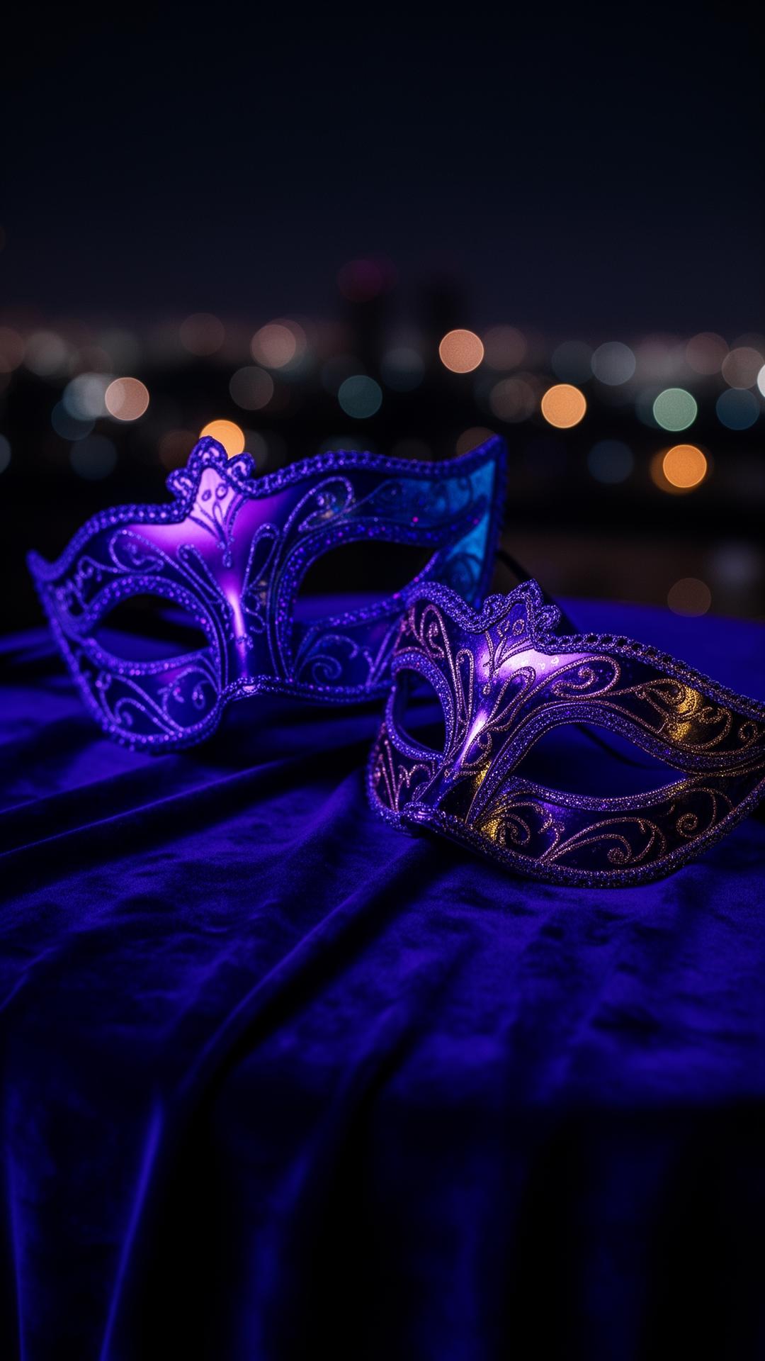Two ornate masquerade masks resting on velvet under indigo light